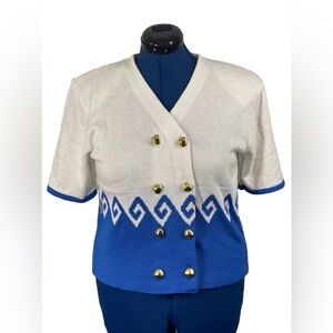 Vtg 80's/90's Ami Knits Sweater 10P Blue White Short Sleeve Cardigan USA Made
